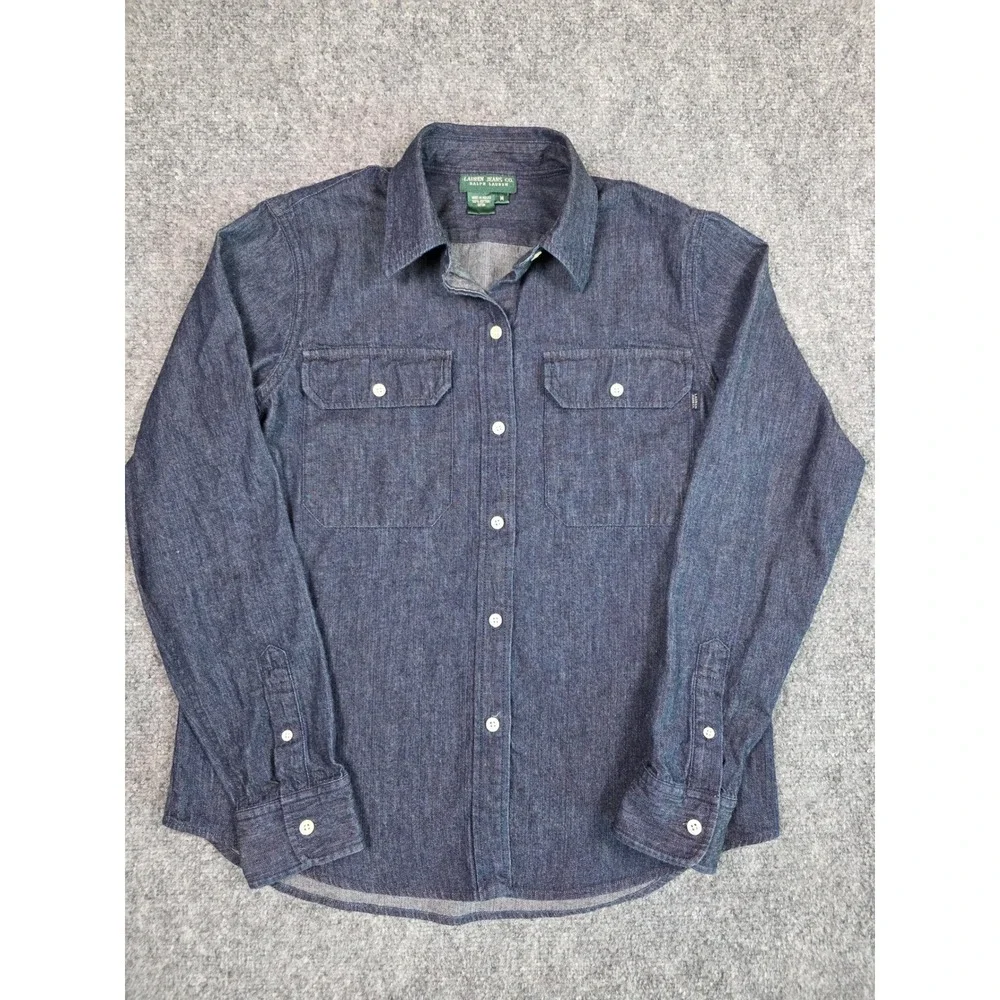 Lauren Ralph Lauren Denim Shirt Womens Medium Blue Long Sleeve Button Up Pocket - Picture 2 of 12